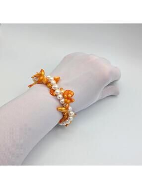 Funky Vintage Orange and White Pearl and Abalone Beaded Bracelet